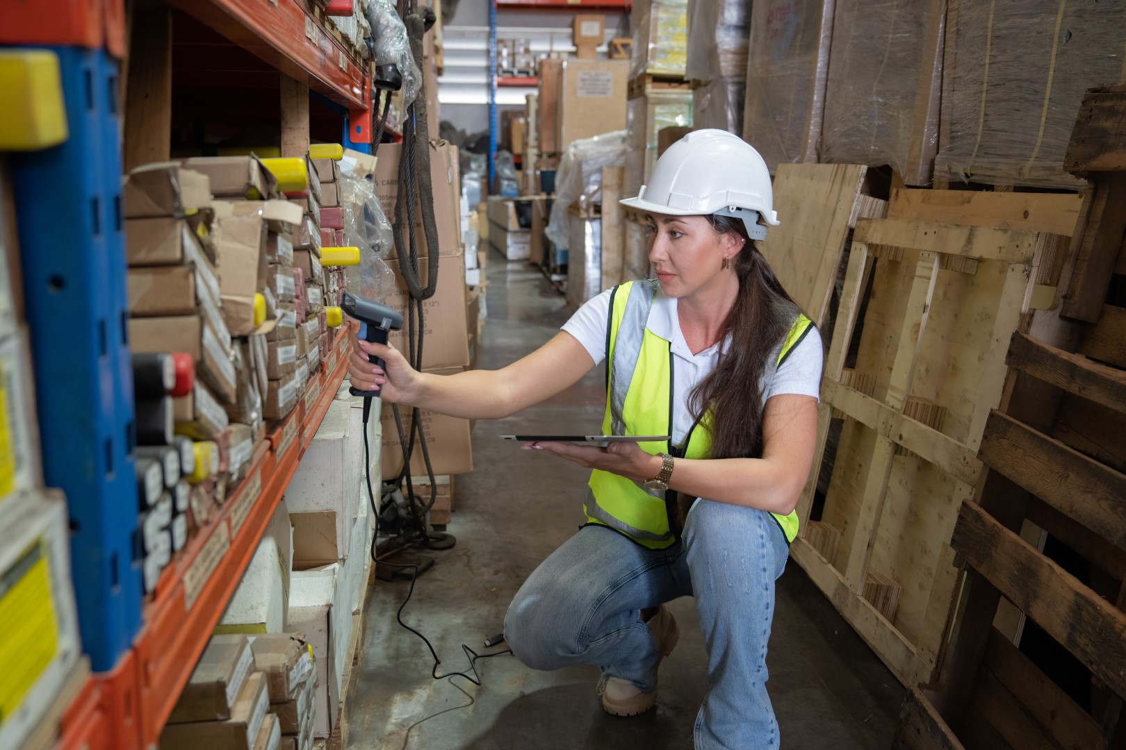 woman working in warehouse happy using tablet look scanning barcode for stock inventory check